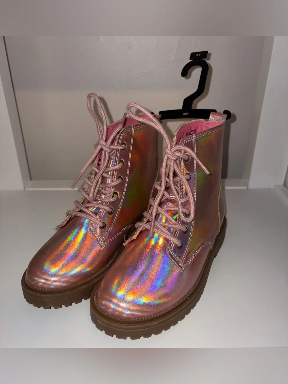 Iridescent Pink Holographic Lace-Up Combat Boots
